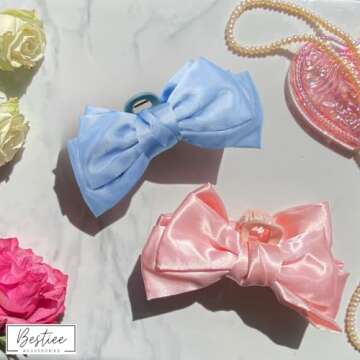 Bestiee Accessories 4-pack Hair Clip, Satin Bow Claw Clips for Women, 5.5x2.5x12 inches, Durable, Elegant Design, Great Gift Idea | White, Black, Pink, Blue