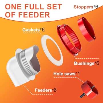 ZenxyHoC Chicken Feeders No Waste, DIY Automatic Poultry Feeder 6 Ports 1 Hole Saw with Covers Gravity Feed Kit for Buckets Barrels Bins Troughs