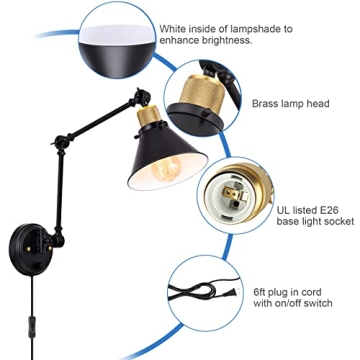 Dimmable Swing Arm Wall Sconce with 6FT Cord