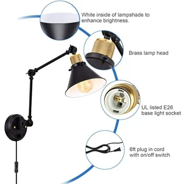 Dimmable Swing Arm Wall Sconce with 6FT Cord