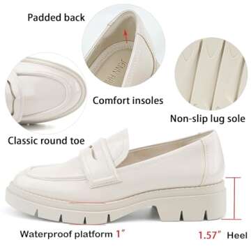JENN ARDOR Women's Chunky Loafers Slip On Lug Sole Penny Loafer Comfort Casual Round Toe Mid Heels Platform Work Shoes Natural 6