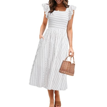 Miessial Women's Summer Midi Smocked Dress - Elegant Square Neck Beach Dress with Pockets