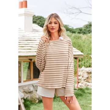 BZB Womens Striped Long Sleeve Shirts 2024 Casual Crewneck Oversized Loose Fit Tunic Tops Fall Blous...