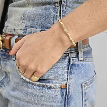 Anela 14kt Gold Filled Bracelet, 4mm Gold Filled Beads, Size 7.0" Stretch and Stackable, Water resistant to Swim or Shower, Dainty Woman Bracelet for Everyday Use, Hand Made in USA
