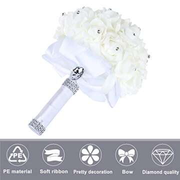 Febou Wedding Bouquet, Handmade White Bridesmaid Bouquet Bridal Bouquet with Crystals Soft Ribbons, Artificial Rose Flowers for Wedding, Party and Church (White-Bigger Size)