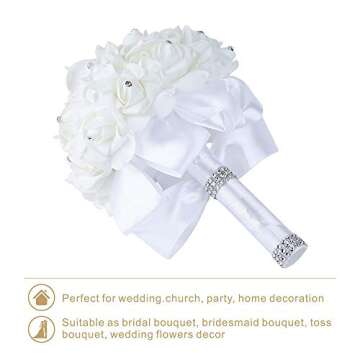 Febou Wedding Bouquet, Handmade White Bridesmaid Bouquet Bridal Bouquet with Crystals Soft Ribbons, Artificial Rose Flowers for Wedding, Party and Church (White-Bigger Size)