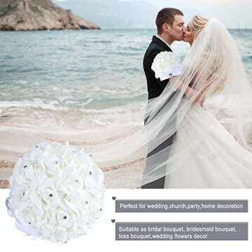 Febou Wedding Bouquet, Handmade White Bridesmaid Bouquet Bridal Bouquet with Crystals Soft Ribbons, Artificial Rose Flowers for Wedding, Party and Church (White-Bigger Size)