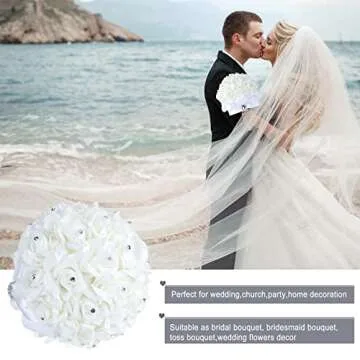 Febou Wedding Bouquet, Handmade White Bridesmaid Bouquet Bridal Bouquet with Crystals Soft Ribbons, Artificial Rose Flowers for Wedding, Party and Church (White-Bigger Size)