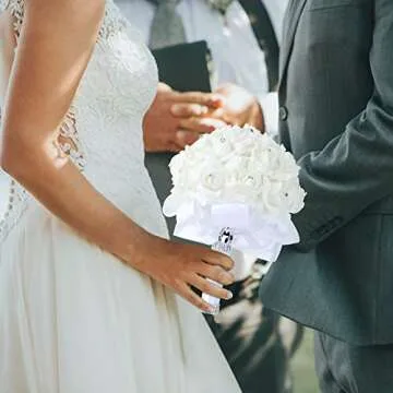 Febou Wedding Bouquet, Handmade White Bridesmaid Bouquet Bridal Bouquet with Crystals Soft Ribbons, Artificial Rose Flowers for Wedding, Party and Church (White-Bigger Size)