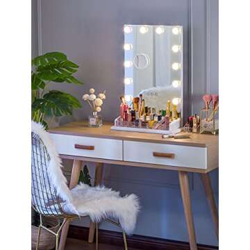 LUXFURNI Vanity Table Makeup Hollywood Mirror Dimmable Light Touch Control 12 Cold/Warm LED Lights, Makeup Organizer Brush Holder