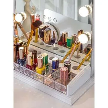 LUXFURNI Vanity Table Makeup Hollywood Mirror Dimmable Light Touch Control 12 Cold/Warm LED Lights, Makeup Organizer Brush Holder
