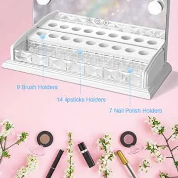 LUXFURNI Vanity Table Makeup Hollywood Mirror Dimmable Light Touch Control 12 Cold/Warm LED Lights, Makeup Organizer Brush Holder