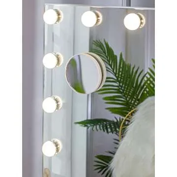 LUXFURNI Vanity Table Makeup Hollywood Mirror Dimmable Light Touch Control 12 Cold/Warm LED Lights, Makeup Organizer Brush Holder