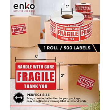 enko 2 x 3 Inch Fragile Stickers Handle with Care Warning Packing Shipping Label - Permanent Adhesiv...