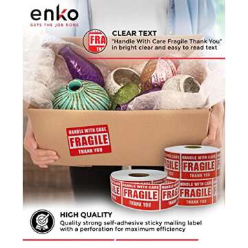 enko 2 x 3 Inch Fragile Stickers Handle with Care Warning Packing Shipping Label - Permanent Adhesive (1 Roll, 500 Labels)