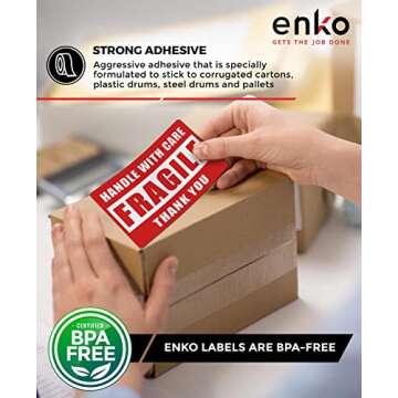 enko 2 x 3 Inch Fragile Stickers Handle with Care Warning Packing Shipping Label - Permanent Adhesive (1 Roll, 500 Labels)