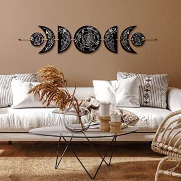 BBTO Boho Wall Decoration Moon Phases Wall Art Stars Moon Decoration Minimalist Room Decoration Wooden Gothic Witchy Wall Pediments Hanging Sign(Black, White)