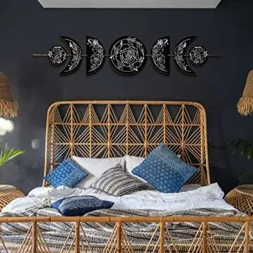 BBTO Boho Wall Decoration Moon Phases Wall Art Stars Moon Decoration Minimalist Room Decoration Wooden Gothic Witchy Wall Pediments Hanging Sign(Black, White)