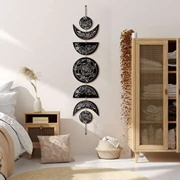 BBTO Boho Wall Decoration Moon Phases Wall Art Stars Moon Decoration Minimalist Room Decoration Wooden Gothic Witchy Wall Pediments Hanging Sign(Black, White)