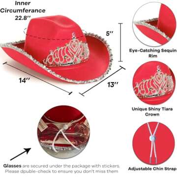 Funcredible Red Cowboy Hat and Glasses - Preppy Cowgirl Hat with Tiara - Sparkly Cowboy Hat - Cowgir...