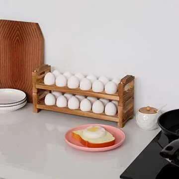 KingLin Wooden Egg Holder Countertop, Egg Storage Trays Stackable for 24 Fresh Eggs, Deviled Egg Organizer Rustic Kitchen Decoration, Egg Container Rack, set of 2 pieces