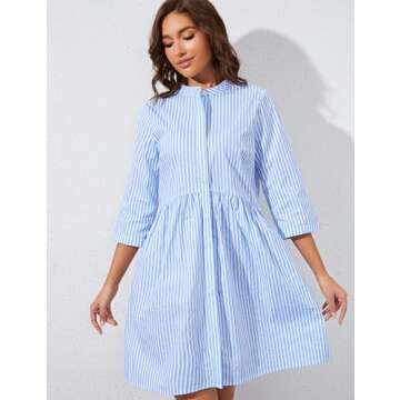 Ythomm Womens Striped Shirt Dresses Casual Button Down Collared Tunic Blouse Mini Dress Loose Fit 3/4 Sleeve Patchwork Dress (Large, Blue)