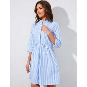 Ythomm Womens Striped Shirt Dresses Casual Button Down Collared Tunic Blouse Mini Dress Loose Fit 3/4 Sleeve Patchwork Dress (Large, Blue)