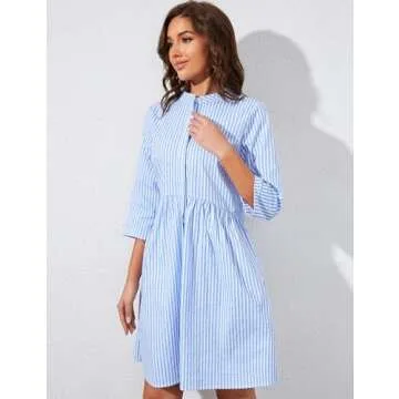 Ythomm Womens Striped Shirt Dresses Casual Button Down Collared Tunic Blouse Mini Dress Loose Fit 3/4 Sleeve Patchwork Dress (Large, Blue)