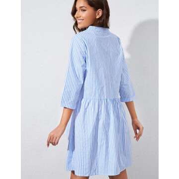 Ythomm Womens Striped Shirt Dresses Casual Button Down Collared Tunic Blouse Mini Dress Loose Fit 3/4 Sleeve Patchwork Dress (Large, Blue)