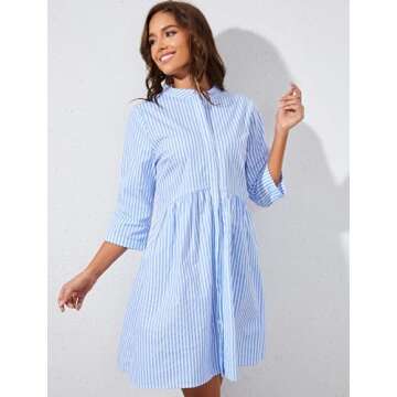 Ythomm Womens Striped Shirt Dresses Casual Button Down Collared Tunic Blouse Mini Dress Loose Fit 3/4 Sleeve Patchwork Dress (Large, Blue)