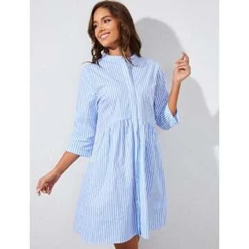 Ythomm Womens Striped Shirt Dresses Casual Button Down Collared Tunic Blouse Mini Dress Loose Fit 3/4 Sleeve Patchwork Dress (Large, Blue)