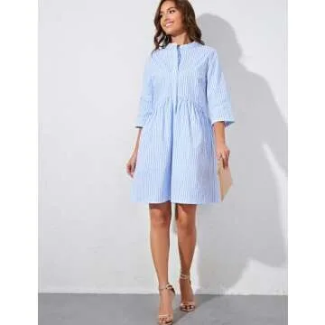 Ythomm Womens Striped Shirt Dresses Casual Button Down Collared Tunic Blouse Mini Dress Loose Fit 3/4 Sleeve Patchwork Dress (Large, Blue)