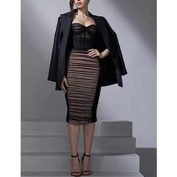 houstil Women's Strap Wedding Guest Dress Velvet Mesh Bodycon Cocktail Party Fishbone Mini Clubwear (L, Black)