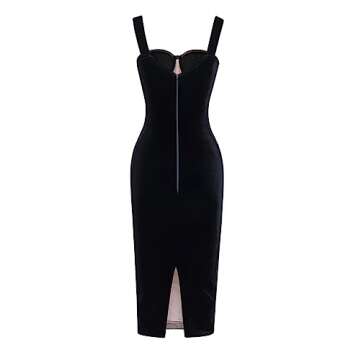 houstil Women's Strap Wedding Guest Dress Velvet Mesh Bodycon Cocktail Party Fishbone Mini Clubwear (L, Black)