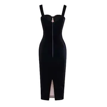 houstil Women's Strap Wedding Guest Dress Velvet Mesh Bodycon Cocktail Party Fishbone Mini Clubwear (L, Black)