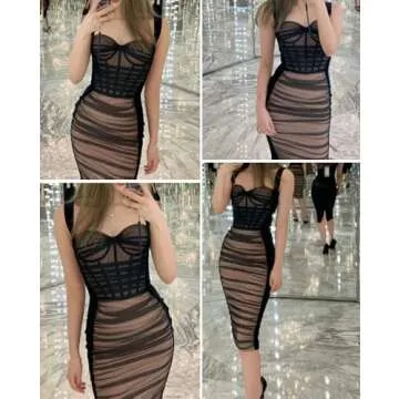 houstil Women's Strap Wedding Guest Dress Velvet Mesh Bodycon Cocktail Party Fishbone Mini Clubwear (L, Black)