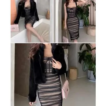 houstil Women's Strap Wedding Guest Dress Velvet Mesh Bodycon Cocktail Party Fishbone Mini Clubwear (L, Black)