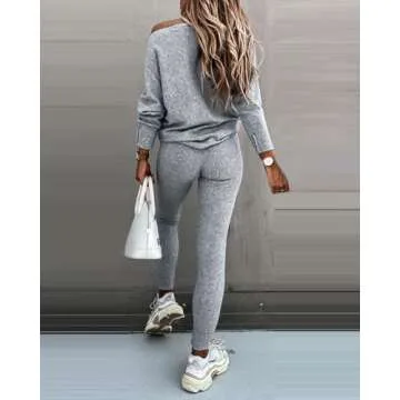 CHICME 2 Piece Lounge Outfit Long Sleeve Knit Pullover Tops Drawstring Pants Set Tracksuit Sweatsuit Gray-M