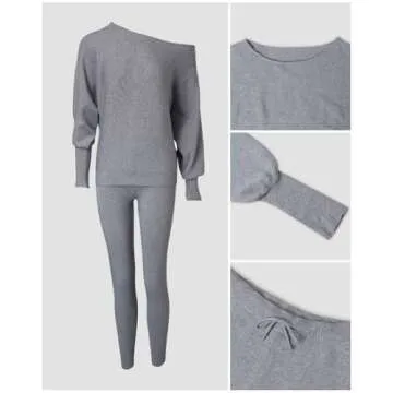 CHICME 2 Piece Lounge Outfit Long Sleeve Knit Pullover Tops Drawstring Pants Set Tracksuit Sweatsuit Gray-M