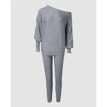 CHICME 2 Piece Lounge Outfit Long Sleeve Knit Pullover Tops Drawstring Pants Set Tracksuit Sweatsuit Gray-M