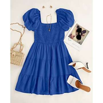ZESICA Women's Boho Summer Square Neck Puff Sleeve Off Shoulder Smocked Tiered Casual A Line Short Mini Dress,RoyalBlue,Large