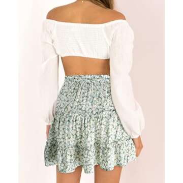 DooMoni Women's High Waisted Floral Mini Skirt Drawstring Boho Print Ruffle Summer Short Skirts