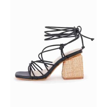 PiePieBuy Women's Lace Up Chunky Braided Heel Sandals Square Toe Strappy Ankle Strap Heels