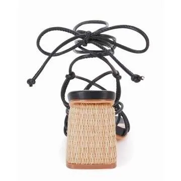 PiePieBuy Women's Lace Up Chunky Braided Heel Sandals Square Toe Strappy Ankle Strap Heels