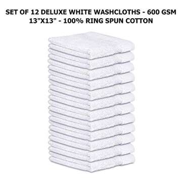 TALVANIA Cotton Washcloths - 13” X 13” 100% Pure Ring Spun Cotton Towels 600 GSM Soft and Absorbent, Long Lasting, Pack of 12 Face Wash Towel (White)