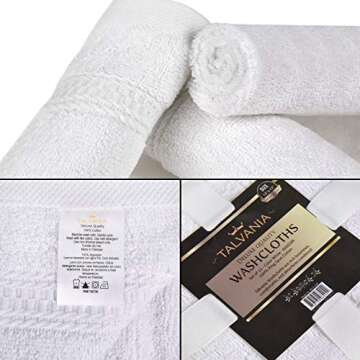 TALVANIA Cotton Washcloths - 13” X 13” 100% Pure Ring Spun Cotton Towels 600 GSM Soft and Absorbent, Long Lasting, Pack of 12 Face Wash Towel (White)