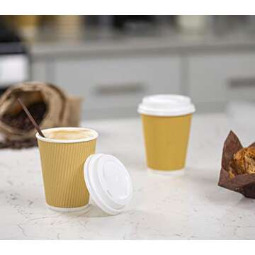 GUSTO [12 oz. - 100 Count Insulated Kraft Ripple Paper Hot Cups, Disposable Coffee Cups With Lids - Ideal for Hot Beverages, Travel, and Office Use (Formerly Comfy Package)