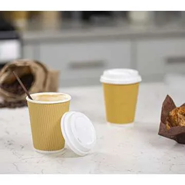 GUSTO [12 oz. - 100 Count Insulated Kraft Ripple Paper Hot Cups, Disposable Coffee Cups With Lids - Ideal for Hot Beverages, Travel, and Office Use (Formerly Comfy Package)