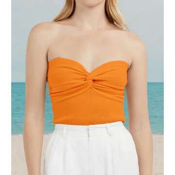 MISSACTIVER Women Twist Knot Front Knit Tube Tank Top Sleeveless Off Shoulder Strapless Crosscriss Backless Crop Camisole(Small,Orange)