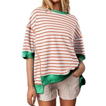 SHEWIN Womens Tops Dressy Casual Crewneck Short Sleeve Shirts Oversized Sweatshirt Lightweight Knit Tunic Top Loose T Shirts for Women 2025 Spring Clothes White and Orange Stripe M
